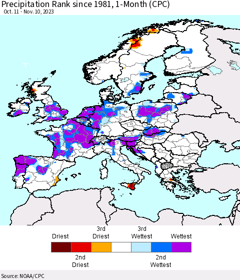 Europe Precipitation Rank since 1981, 1-Month (CPC) Thematic Map For 10/11/2023 - 11/10/2023