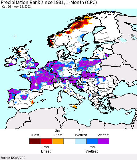 Europe Precipitation Rank since 1981, 1-Month (CPC) Thematic Map For 10/16/2023 - 11/15/2023
