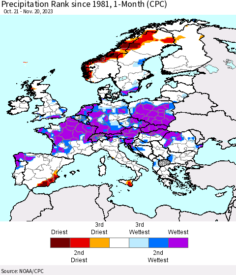Europe Precipitation Rank since 1981, 1-Month (CPC) Thematic Map For 10/21/2023 - 11/20/2023