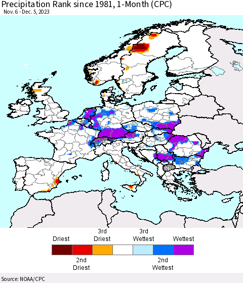 Europe Precipitation Rank since 1981, 1-Month (CPC) Thematic Map For 11/6/2023 - 12/5/2023