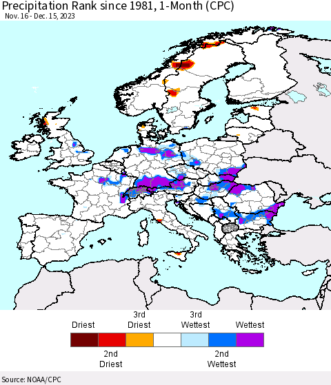 Europe Precipitation Rank since 1981, 1-Month (CPC) Thematic Map For 11/16/2023 - 12/15/2023
