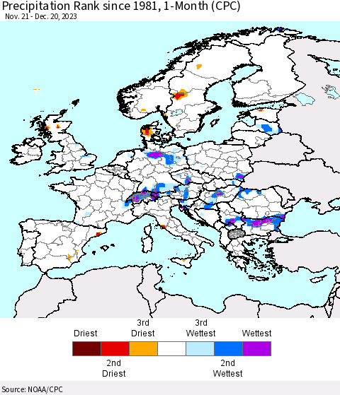 Europe Precipitation Rank since 1981, 1-Month (CPC) Thematic Map For 11/21/2023 - 12/20/2023