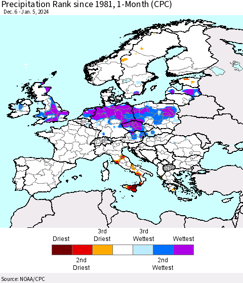 Europe Precipitation Rank since 1981, 1-Month (CPC) Thematic Map For 12/6/2023 - 1/5/2024