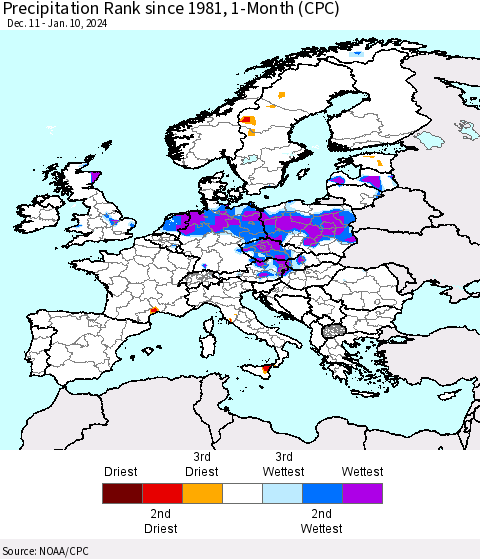 Europe Precipitation Rank since 1981, 1-Month (CPC) Thematic Map For 12/11/2023 - 1/10/2024