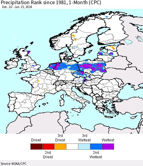 Europe Precipitation Rank since 1981, 1-Month (CPC) Thematic Map For 12/16/2023 - 1/15/2024