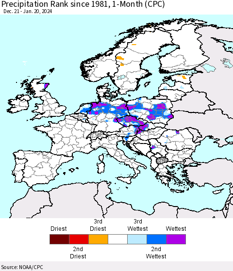 Europe Precipitation Rank since 1981, 1-Month (CPC) Thematic Map For 12/21/2023 - 1/20/2024