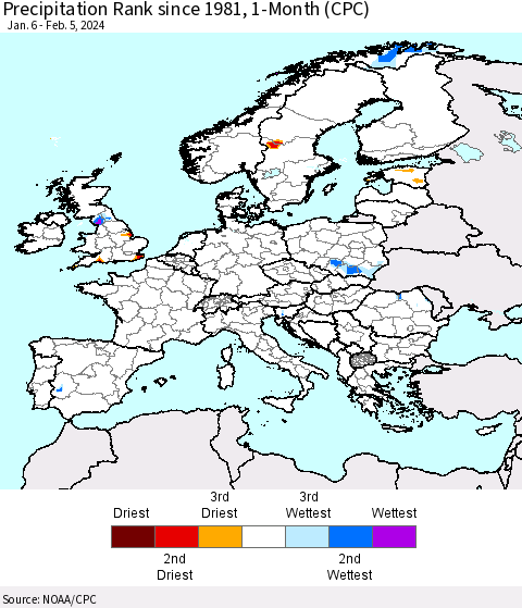 Europe Precipitation Rank since 1981, 1-Month (CPC) Thematic Map For 1/6/2024 - 2/5/2024