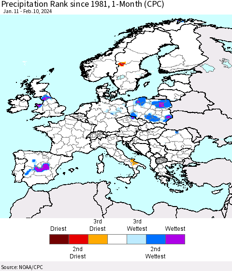 Europe Precipitation Rank since 1981, 1-Month (CPC) Thematic Map For 1/11/2024 - 2/10/2024