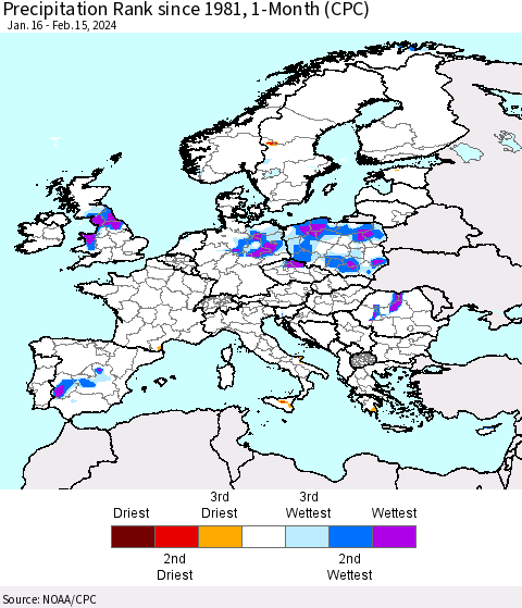 Europe Precipitation Rank since 1981, 1-Month (CPC) Thematic Map For 1/16/2024 - 2/15/2024