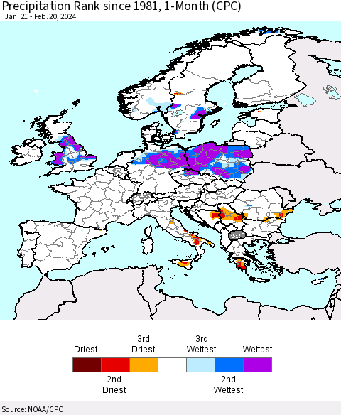Europe Precipitation Rank since 1981, 1-Month (CPC) Thematic Map For 1/21/2024 - 2/20/2024