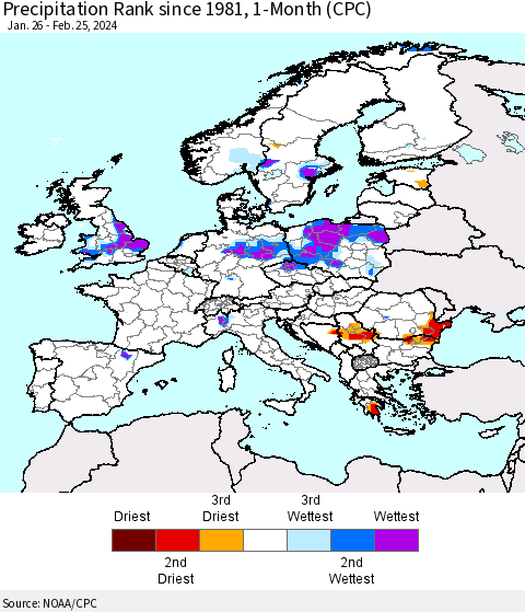 Europe Precipitation Rank since 1981, 1-Month (CPC) Thematic Map For 1/26/2024 - 2/25/2024