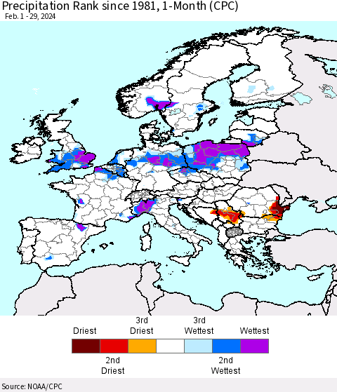 Europe Precipitation Rank since 1981, 1-Month (CPC) Thematic Map For 2/1/2024 - 2/29/2024