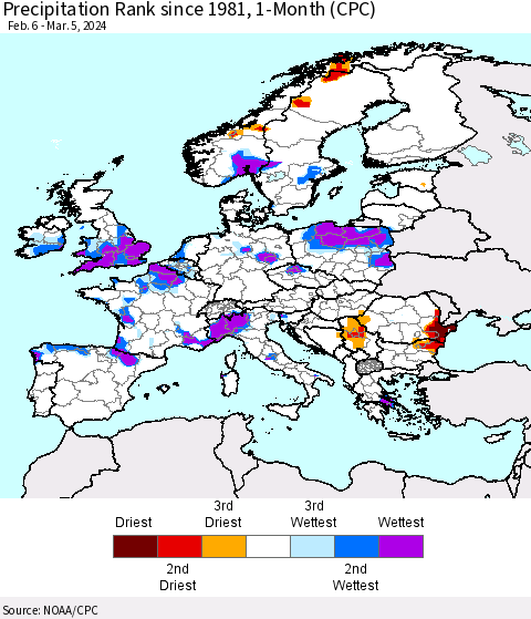 Europe Precipitation Rank since 1981, 1-Month (CPC) Thematic Map For 2/6/2024 - 3/5/2024