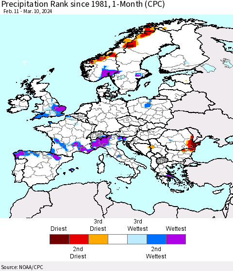 Europe Precipitation Rank since 1981, 1-Month (CPC) Thematic Map For 2/11/2024 - 3/10/2024
