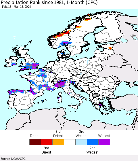 Europe Precipitation Rank since 1981, 1-Month (CPC) Thematic Map For 2/16/2024 - 3/15/2024