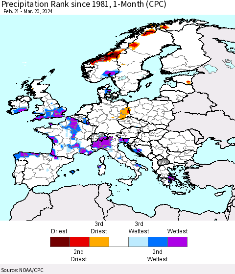 Europe Precipitation Rank since 1981, 1-Month (CPC) Thematic Map For 2/21/2024 - 3/20/2024