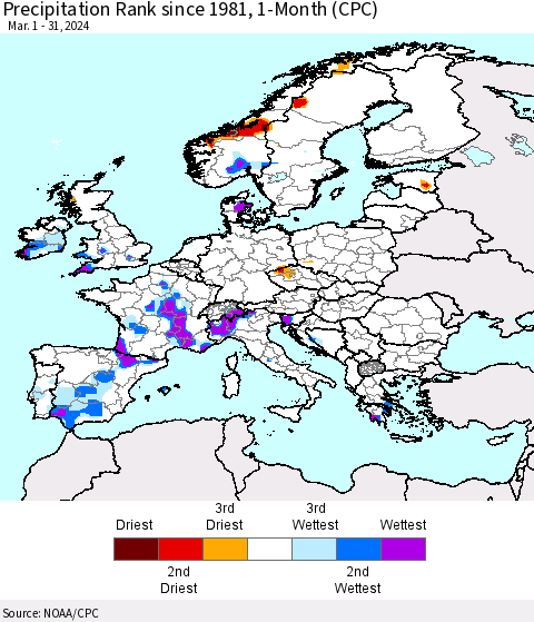 Europe Precipitation Rank since 1981, 1-Month (CPC) Thematic Map For 3/1/2024 - 3/31/2024