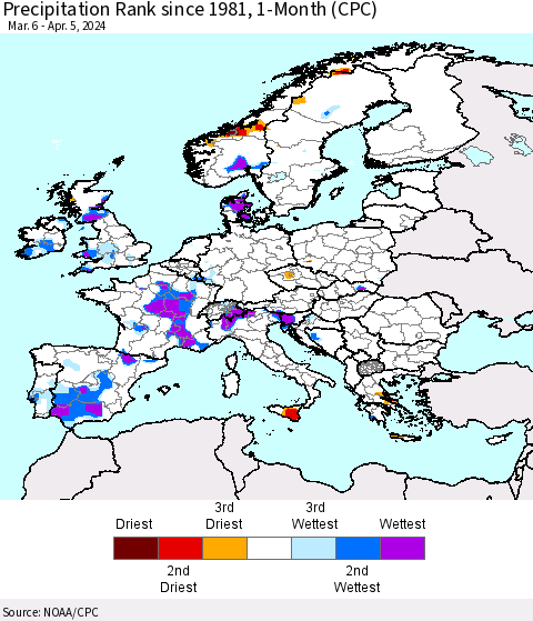 Europe Precipitation Rank since 1981, 1-Month (CPC) Thematic Map For 3/6/2024 - 4/5/2024