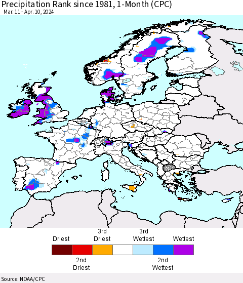 Europe Precipitation Rank since 1981, 1-Month (CPC) Thematic Map For 3/11/2024 - 4/10/2024