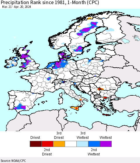 Europe Precipitation Rank since 1981, 1-Month (CPC) Thematic Map For 3/21/2024 - 4/20/2024