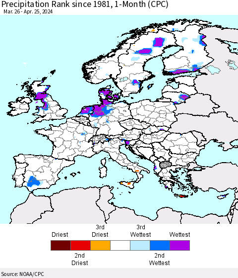 Europe Precipitation Rank since 1981, 1-Month (CPC) Thematic Map For 3/26/2024 - 4/25/2024