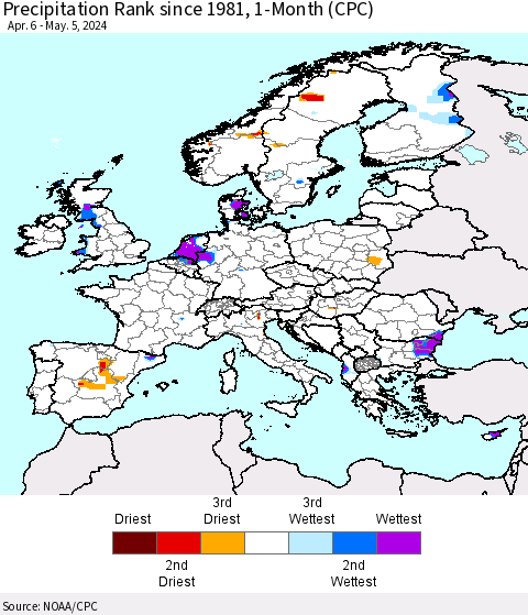 Europe Precipitation Rank since 1981, 1-Month (CPC) Thematic Map For 4/6/2024 - 5/5/2024