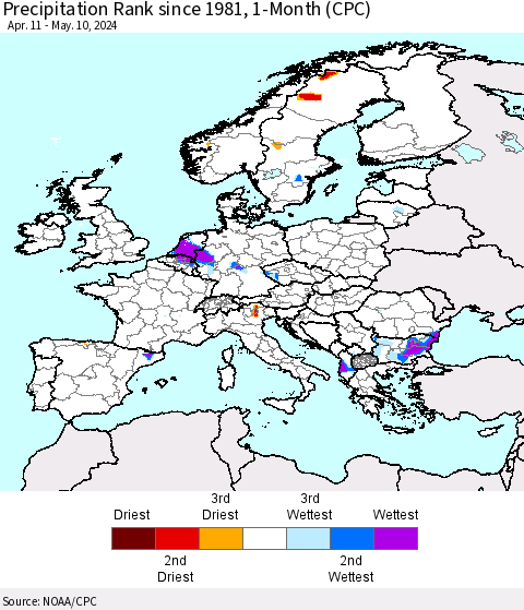 Europe Precipitation Rank since 1981, 1-Month (CPC) Thematic Map For 4/11/2024 - 5/10/2024