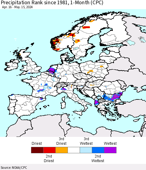 Europe Precipitation Rank since 1981, 1-Month (CPC) Thematic Map For 4/16/2024 - 5/15/2024