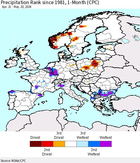 Europe Precipitation Rank since 1981, 1-Month (CPC) Thematic Map For 4/21/2024 - 5/20/2024