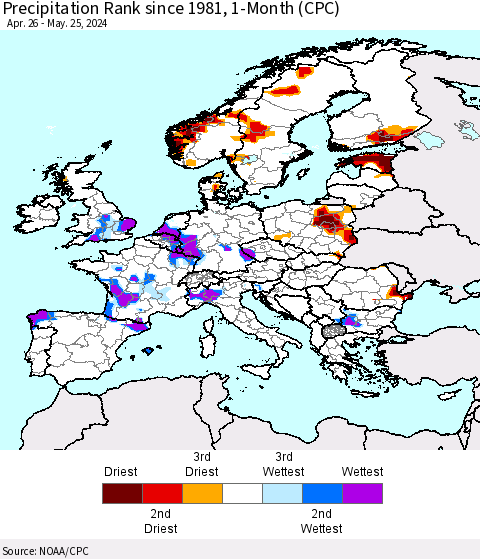 Europe Precipitation Rank since 1981, 1-Month (CPC) Thematic Map For 4/26/2024 - 5/25/2024