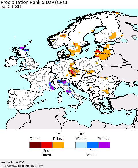 Europe Precipitation Rank 5-Day (CPC) Thematic Map For 4/1/2019 - 4/5/2019