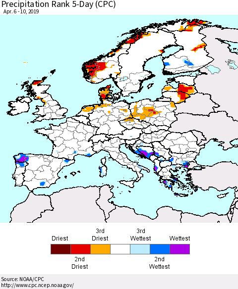 Europe Precipitation Rank 5-Day (CPC) Thematic Map For 4/6/2019 - 4/10/2019