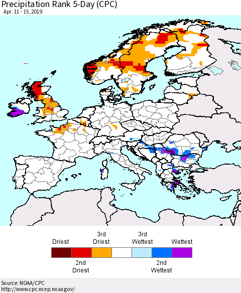 Europe Precipitation Rank since 1981, 5-Day (CPC) Thematic Map For 4/11/2019 - 4/15/2019