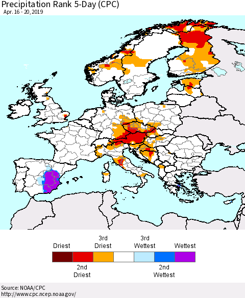 Europe Precipitation Rank 5-Day (CPC) Thematic Map For 4/16/2019 - 4/20/2019