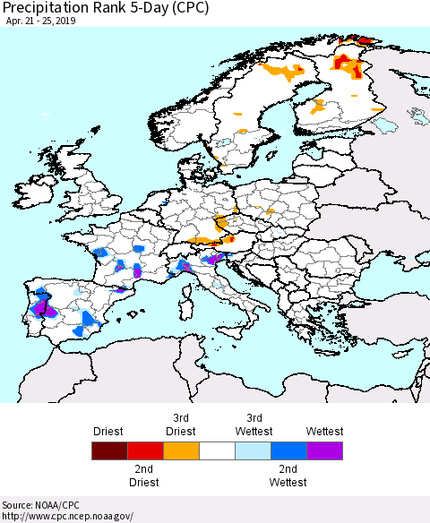 Europe Precipitation Rank 5-Day (CPC) Thematic Map For 4/21/2019 - 4/25/2019