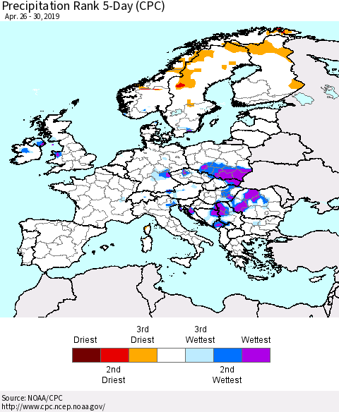 Europe Precipitation Rank 5-Day (CPC) Thematic Map For 4/26/2019 - 4/30/2019