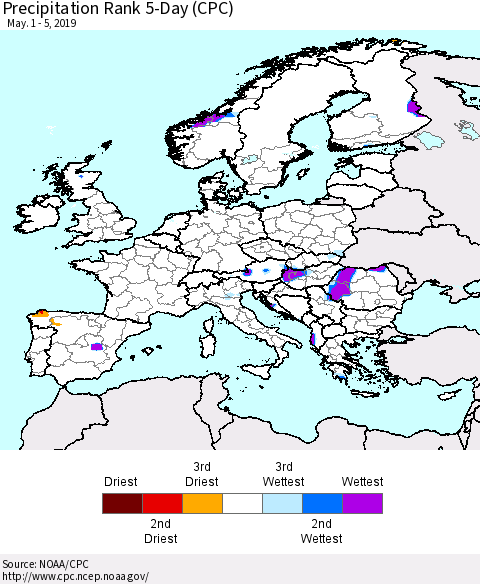 Europe Precipitation Rank 5-Day (CPC) Thematic Map For 5/1/2019 - 5/5/2019