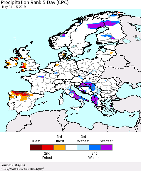 Europe Precipitation Rank since 1981, 5-Day (CPC) Thematic Map For 5/11/2019 - 5/15/2019