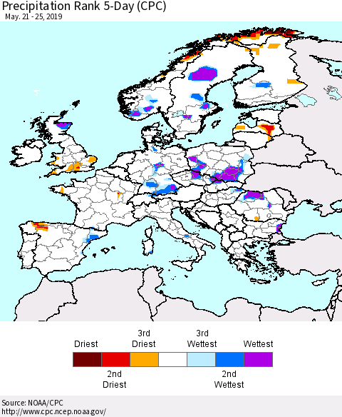 Europe Precipitation Rank 5-Day (CPC) Thematic Map For 5/21/2019 - 5/25/2019