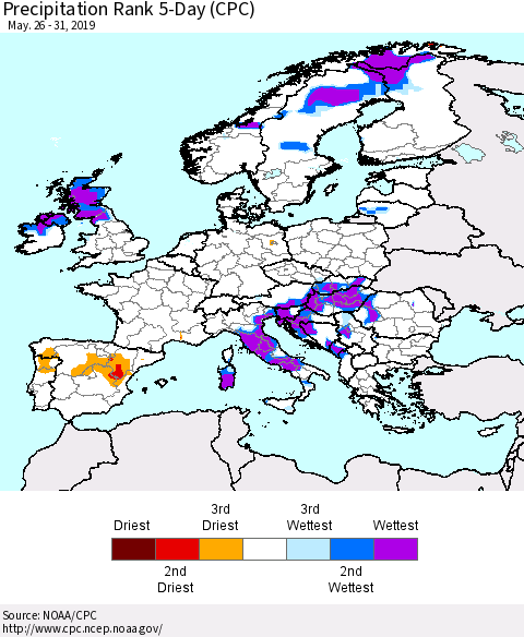 Europe Precipitation Rank since 1981, 5-Day (CPC) Thematic Map For 5/26/2019 - 5/31/2019