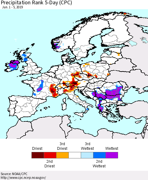 Europe Precipitation Rank 5-Day (CPC) Thematic Map For 6/1/2019 - 6/5/2019