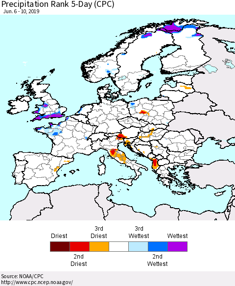 Europe Precipitation Rank since 1981, 5-Day (CPC) Thematic Map For 6/6/2019 - 6/10/2019