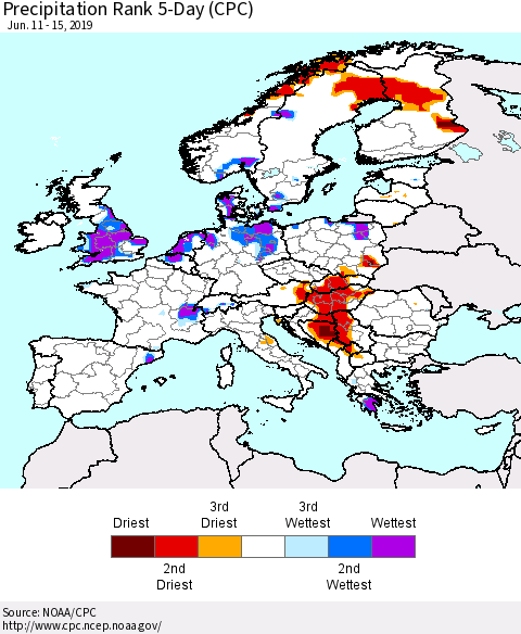 Europe Precipitation Rank 5-Day (CPC) Thematic Map For 6/11/2019 - 6/15/2019