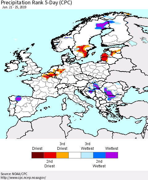 Europe Precipitation Rank since 1981, 5-Day (CPC) Thematic Map For 6/21/2019 - 6/25/2019