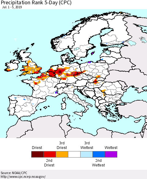 Europe Precipitation Rank 5-Day (CPC) Thematic Map For 7/1/2019 - 7/5/2019
