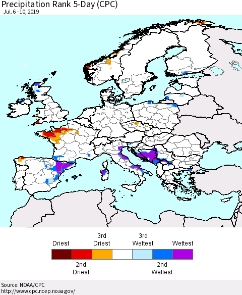 Europe Precipitation Rank 5-Day (CPC) Thematic Map For 7/6/2019 - 7/10/2019