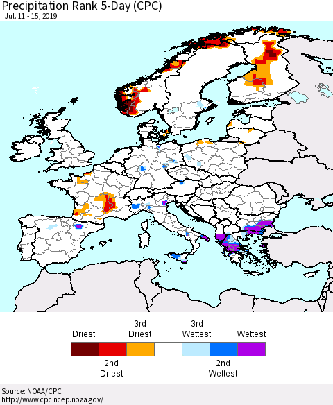 Europe Precipitation Rank since 1981, 5-Day (CPC) Thematic Map For 7/11/2019 - 7/15/2019