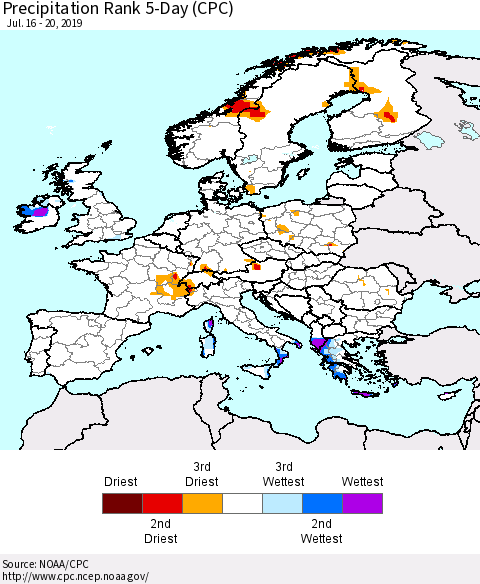Europe Precipitation Rank since 1981, 5-Day (CPC) Thematic Map For 7/16/2019 - 7/20/2019