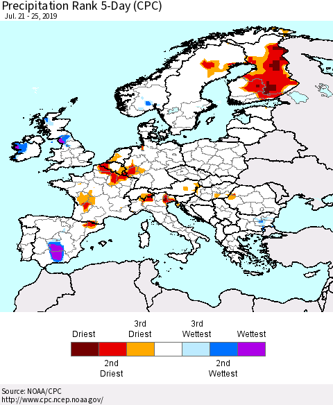 Europe Precipitation Rank 5-Day (CPC) Thematic Map For 7/21/2019 - 7/25/2019