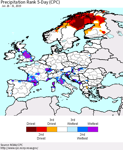 Europe Precipitation Rank 5-Day (CPC) Thematic Map For 7/26/2019 - 7/31/2019